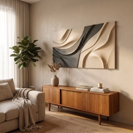 Large luxury wavy wood Abstract wall art hanging in a modern Scandinavian living room