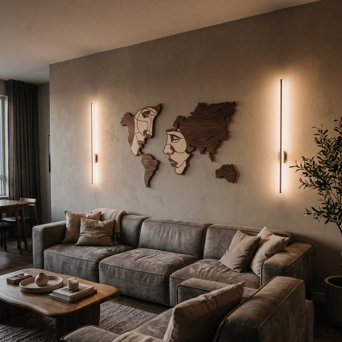 World Map Face Line Art Wall Art Living Room Glamorwood World map wall art with abstract faces above a gray sectional sofa in a modern living room