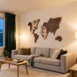 World map wall art with abstract faces above a gray sofa in a cozy modern living room
