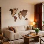 World map wall art above a beige sofa in a warm living room with wood furniture and rust curtains