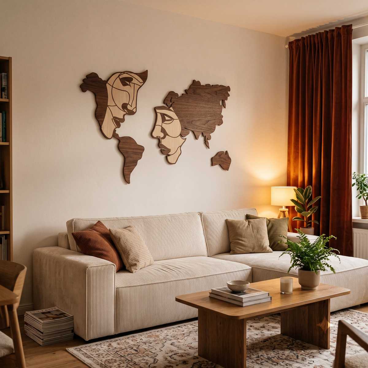 World Map Face Line Art Wall Art Living Room Glamorwood World map wall art above a beige sofa in a warm living room with wood furniture and rust curtains