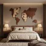 Wooden world map headboard wall art with abstract face profiles above a king-size bed in a warm contemporary bedroom.
