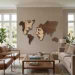 Modern wooden world map wall art featuring abstract face line art in a naturally lit living room interior.