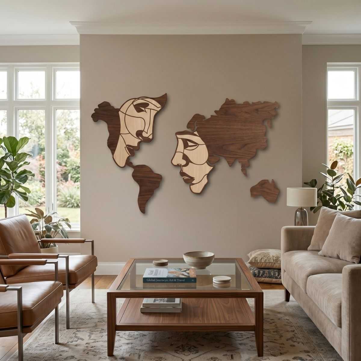 world-map-face-line-art-wood-wall-art-glamorwood-living room Modern wooden world map wall art featuring abstract face line art in a naturally lit living room interior.