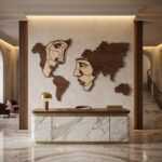 Large wooden world map wall decor with face silhouettes behind a marble reception desk in a luxury hotel lobby.