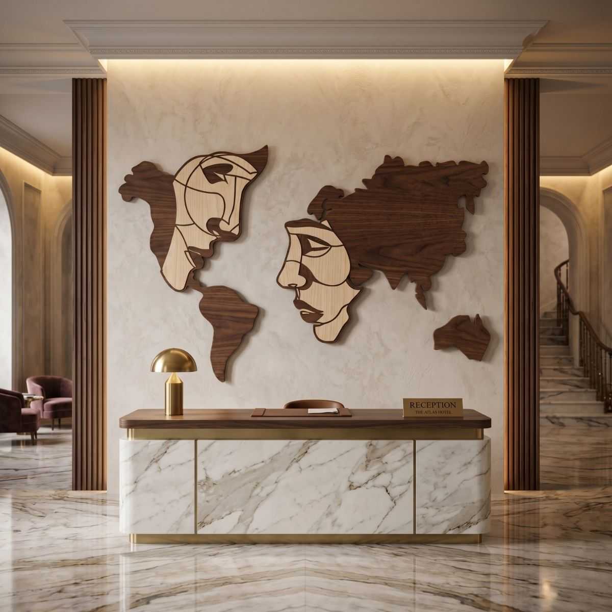world-map-face-line-art-wood-wall-art-glamorwood-reception Large wooden world map wall decor with face silhouettes behind a marble reception desk in a luxury hotel lobby.