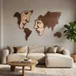 Glamorwood handcrafted wood wall art of a world map with abstract human faces
