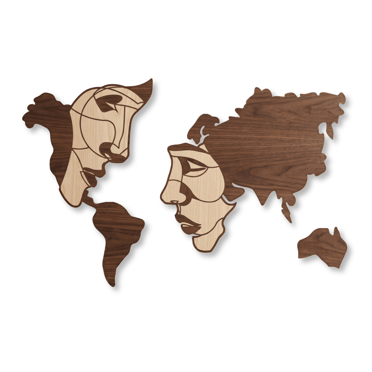 world-map-face-line-art-wood-wall-art-glamorwood Wood world map wall art with inlaid face line art in walnut and maple tones