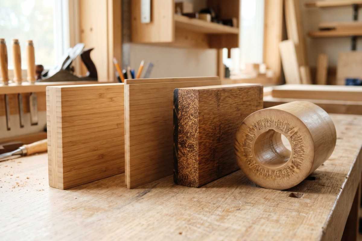 Woodworking shop bench with bamboo boards and a turned wooden cylinder