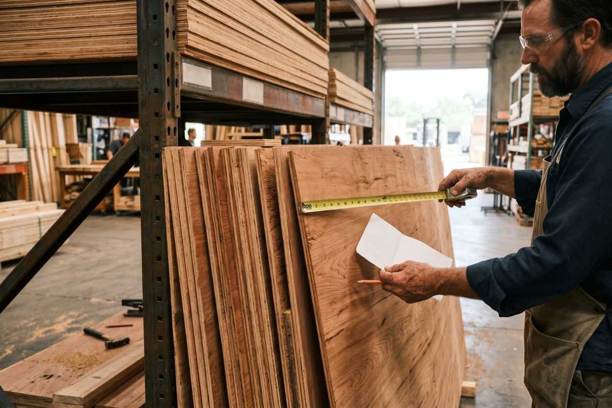 cedar plywood in a workshop, measuring a layered wooden panel design by Glamorwood