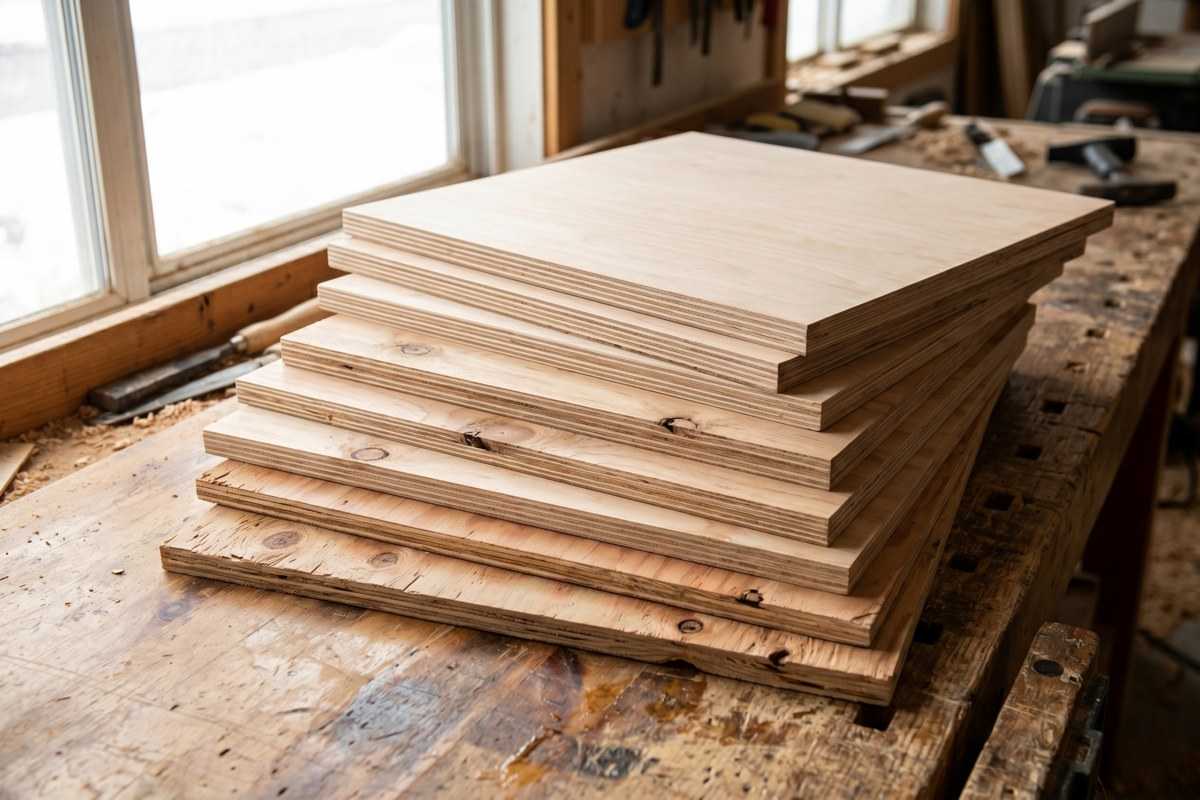Stacked unfinished wood panels for handcrafted wood wall art by Glamorwood on a workshop table