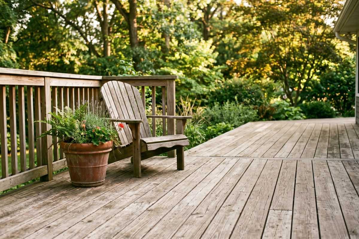 Wooden deck with rustic chair, potted fern, and garden greenery