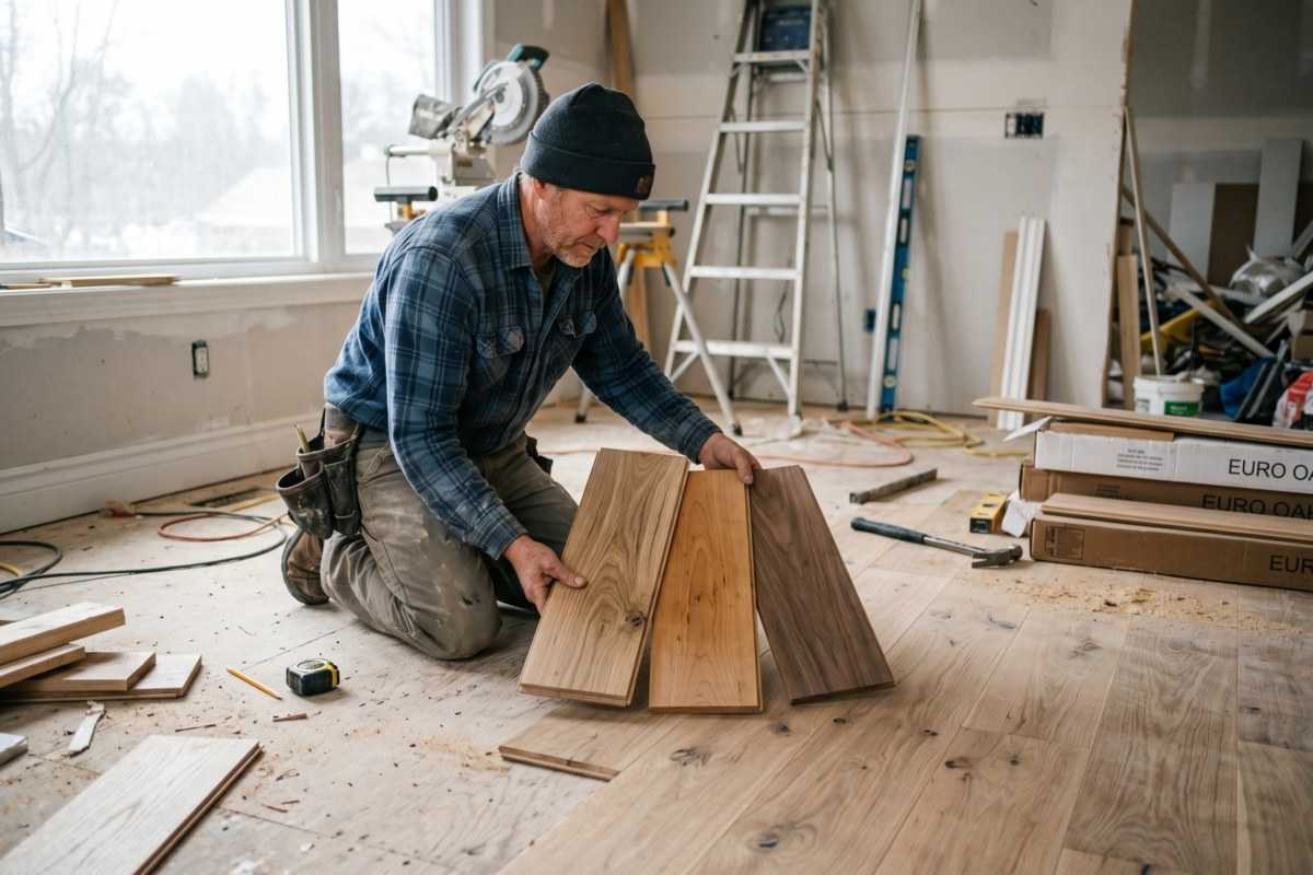 Woodworker kneeling in a workshop assembling wood planks on the floor