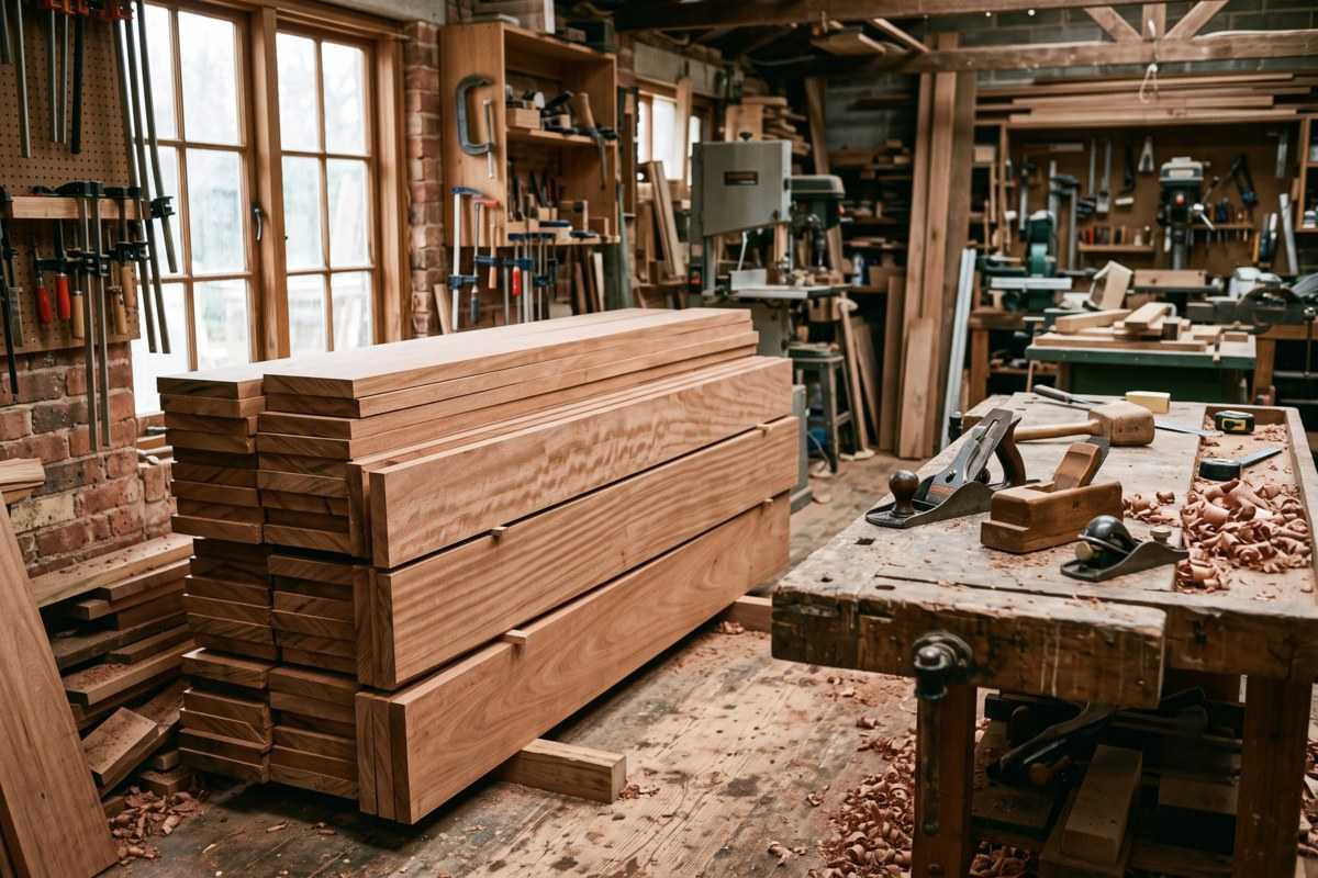 types of wood stacked lumber in a woodworking workshop with hand tools and workbenches
