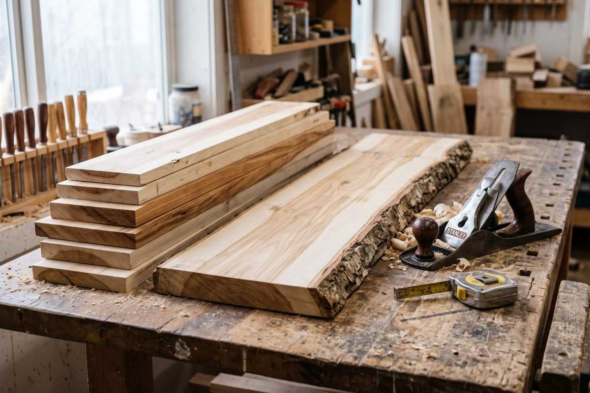 Wood color matching guide with stacked lumber, live-edge slab, and hand plane in a woodworking shop