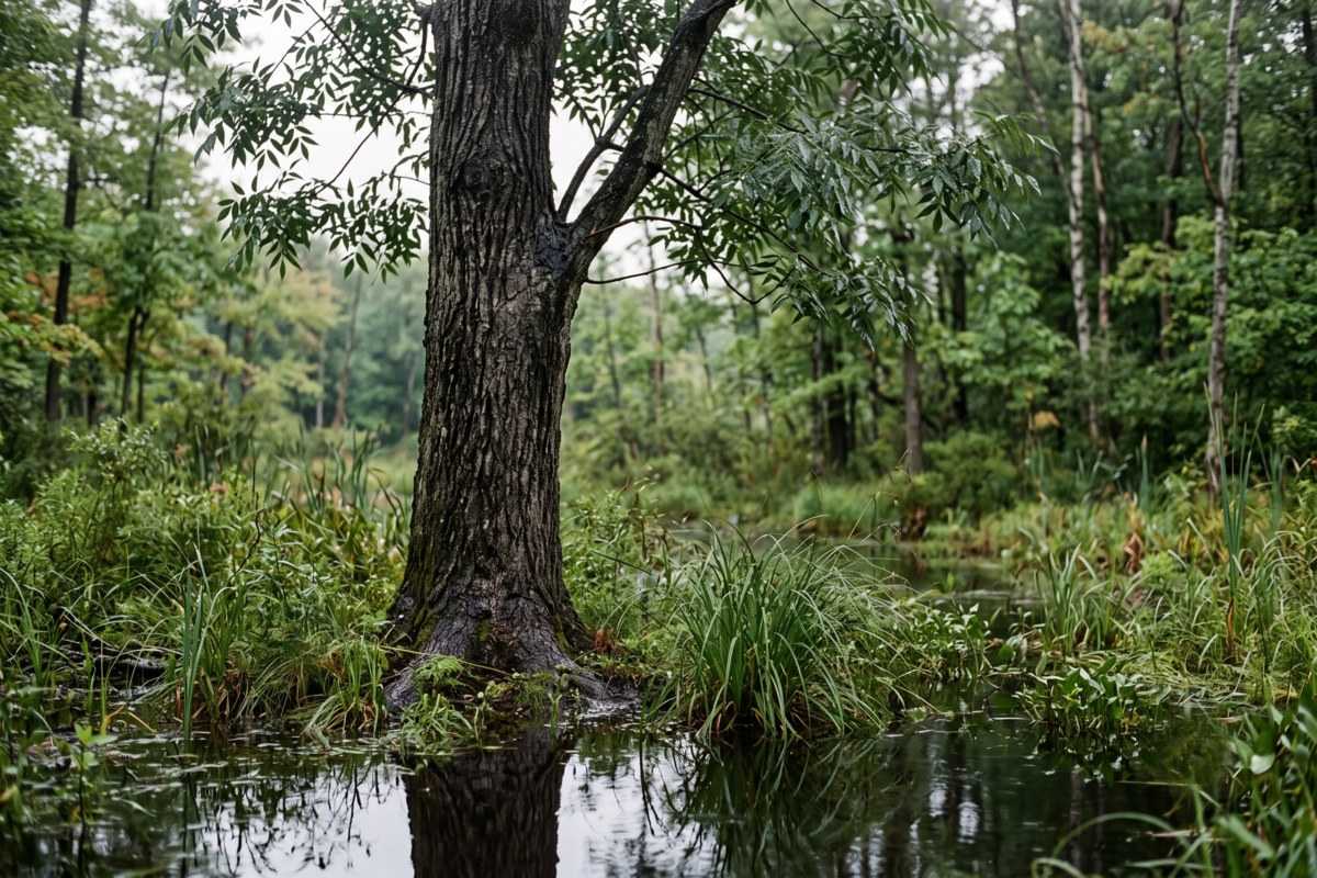 Black ash tree trunk rising from a wet woodland swamp with reflected water and lush green undergrowth