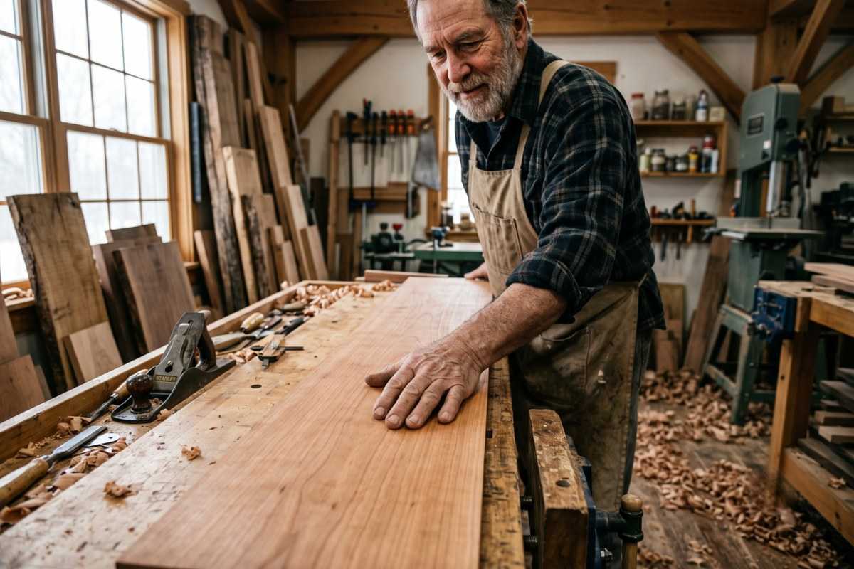 cherry wood board being planed by an older craftsman in a woodworking shop