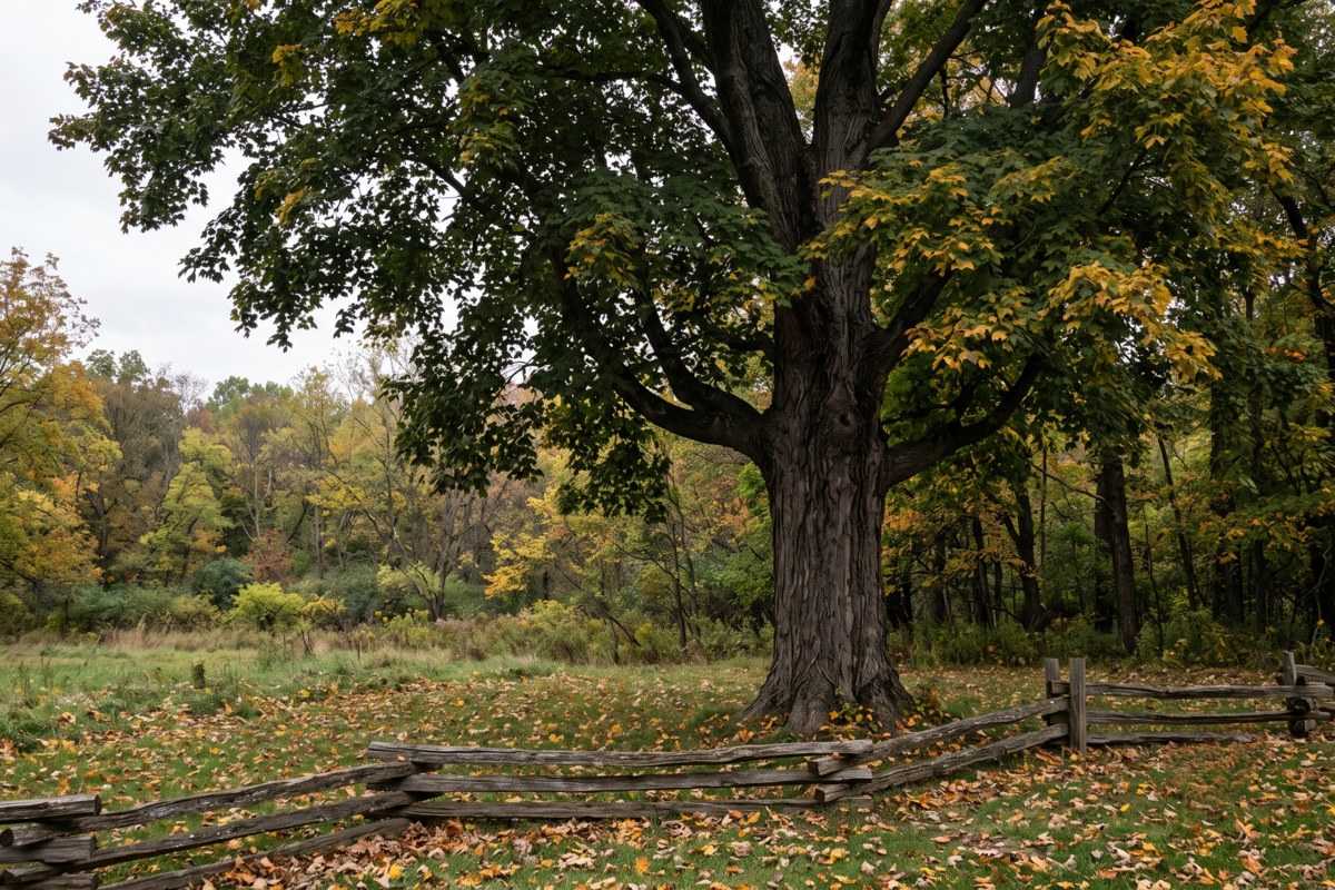Black maple tree with autumn foliage beside a rustic split-rail fence in a woodland meadow