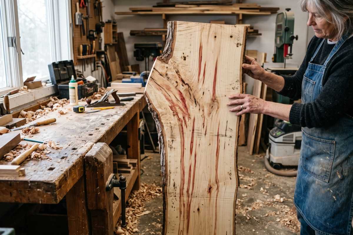 Craftsperson holding a live-edge oregon ash wood slab in a woodworking shop