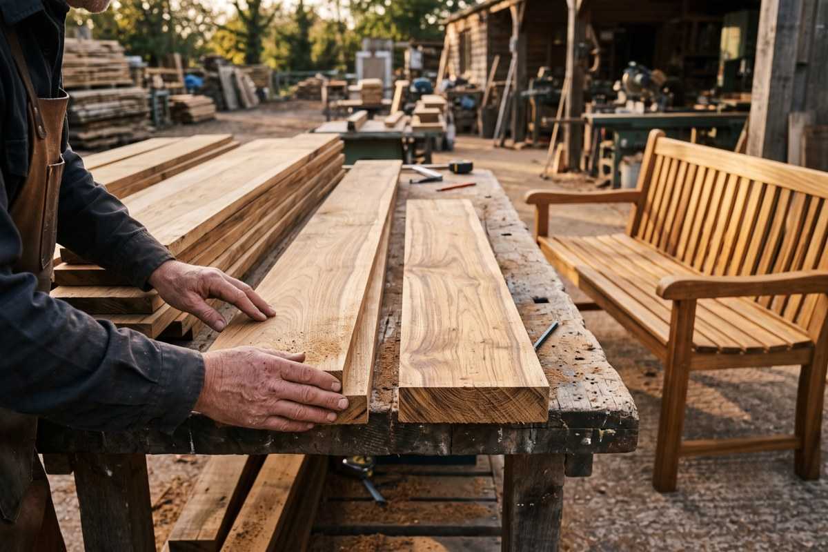 iroko wood boards being measured on a workbench in a woodworking yard, with a wooden bench nearby