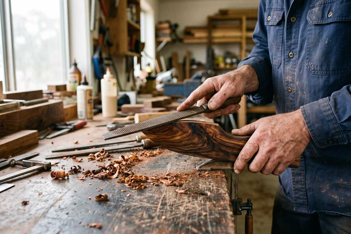 Woodworker shaping richly grained ironwood tree lumber with a rasp at a workshop bench