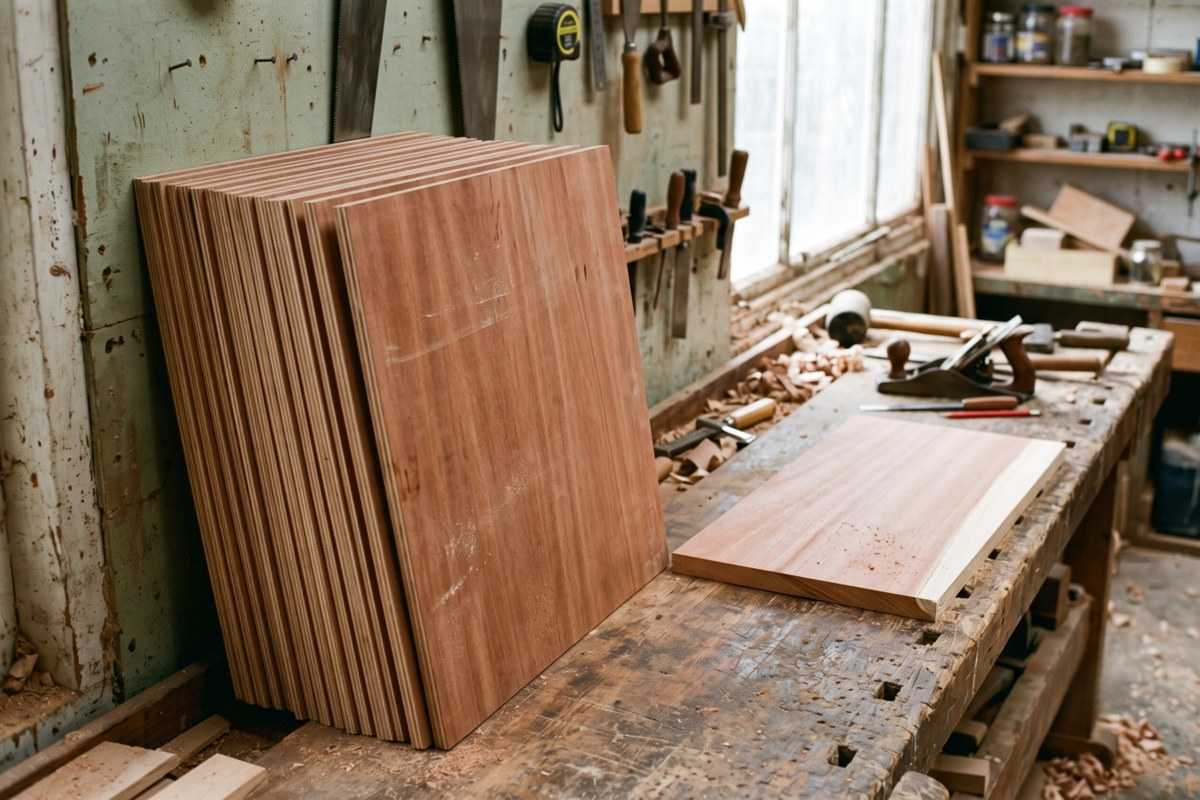 Types of plywood stacked in a woodworking shop beside a workbench with hand tools and wood shavings