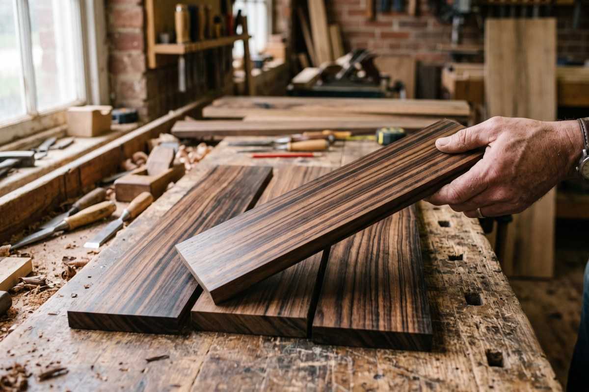 macassar ebony wood planks being inspected in a woodworking workshop