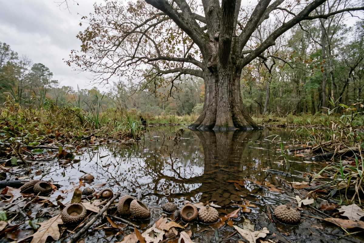 Overcup oak standing in flooded woodland, with acorns scattered in shallow water beneath its branches