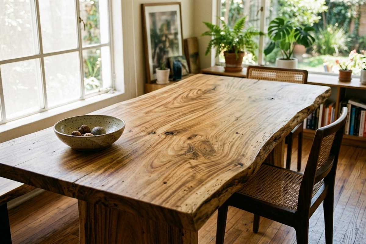 Monkey pod wood live-edge dining table in a sunlit room with chairs and plants