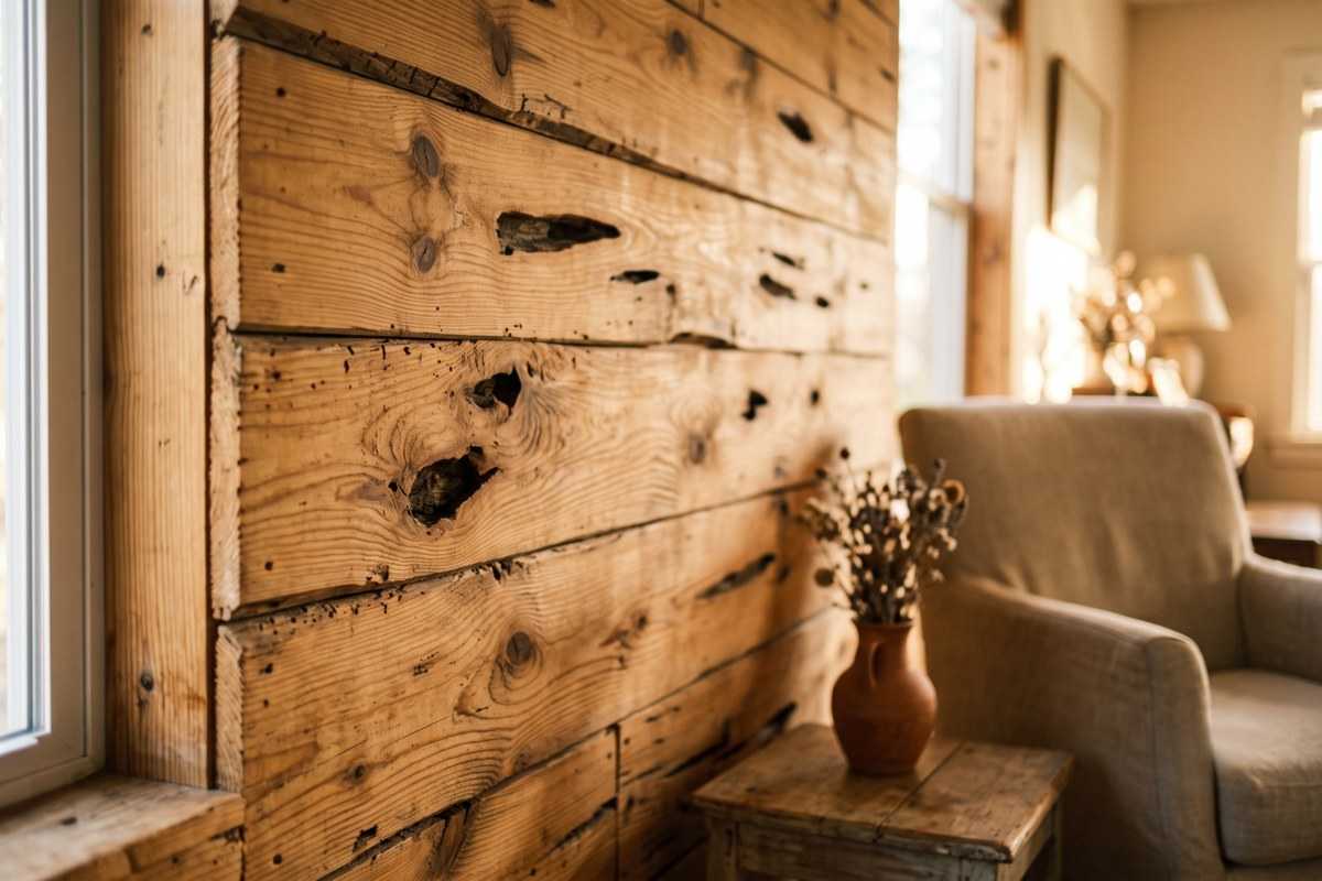 Pecky cypress wood plank wall beside a cozy armchair and rustic side table in a sunlit living room
