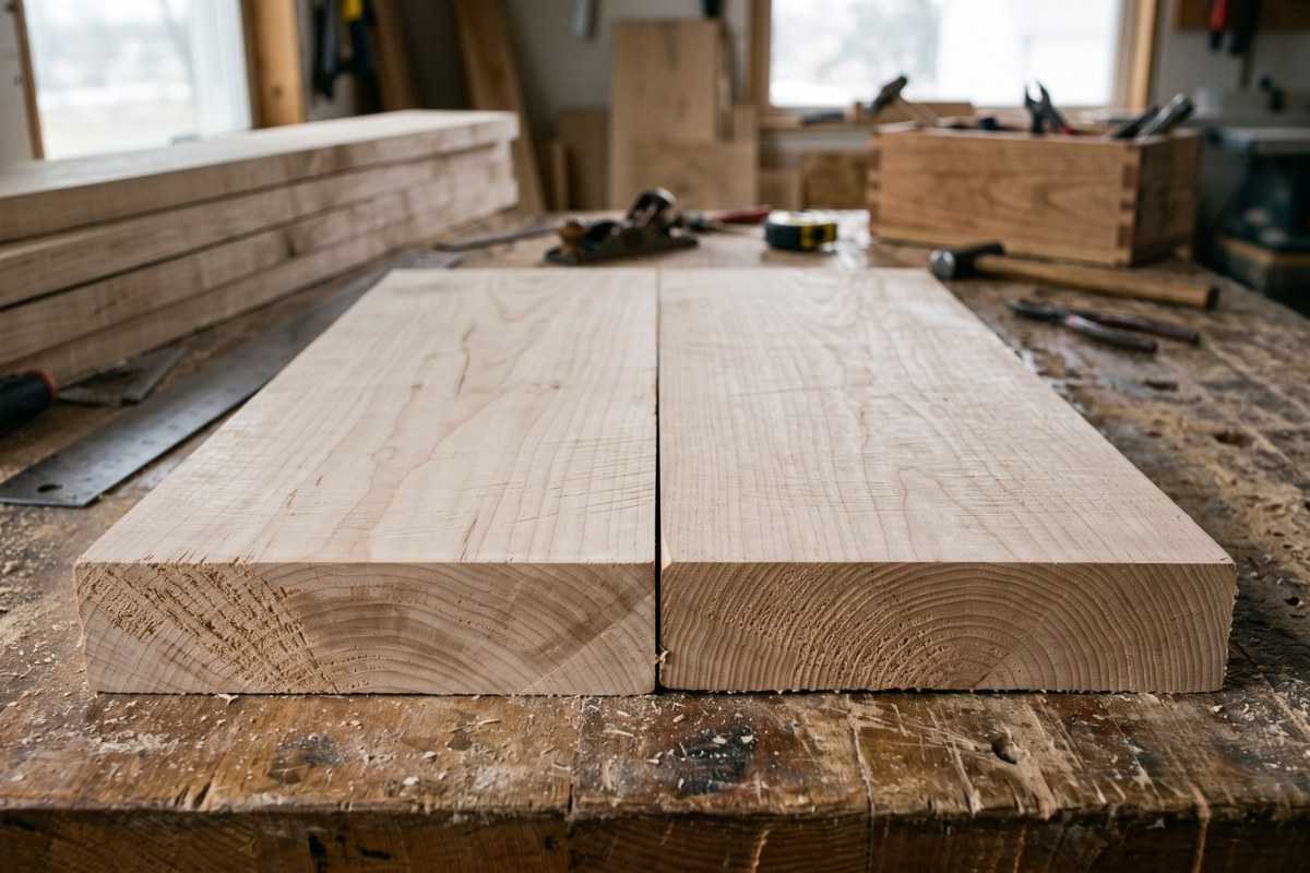 Soft maple boards on a workbench in a woodworking shop