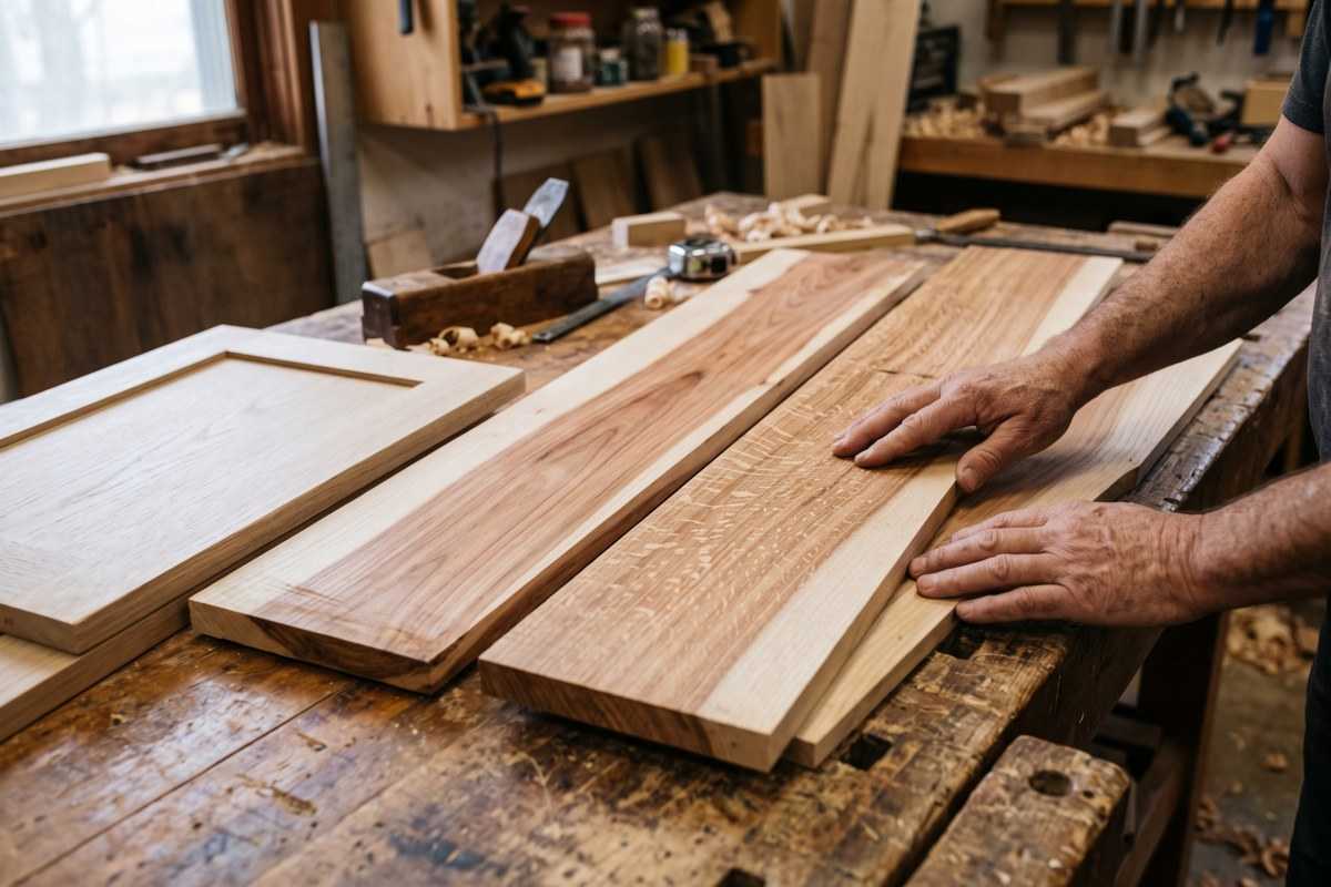 Craftsman selecting norwegian maple boards on a workbench in a woodworking shop