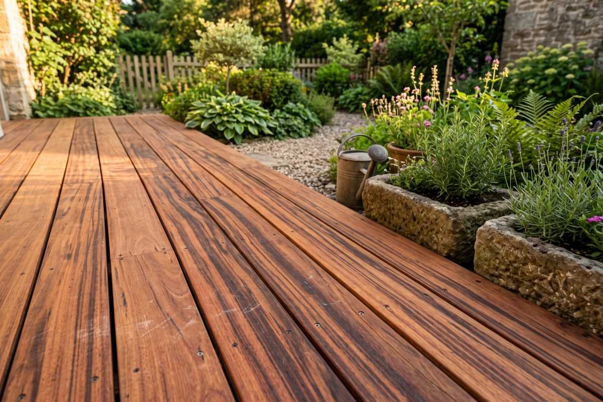 Tigerwood decking beside a lush garden with stone planters and a watering can