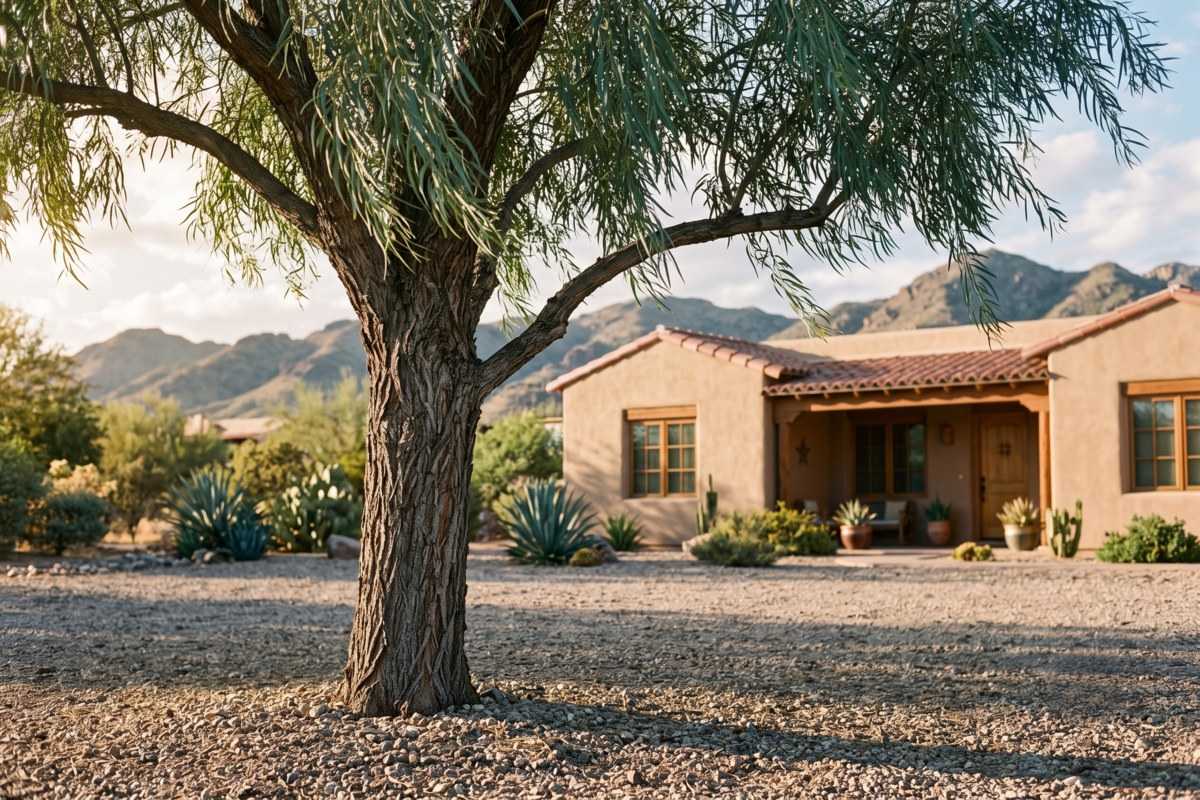 Willow acacia tree in a desert yard beside an adobe-style house with mountain views